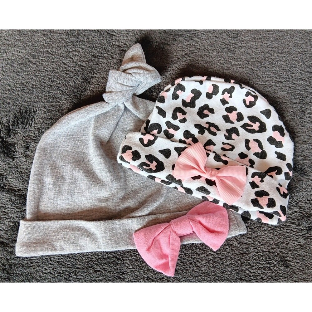 hat 3 Months and Newborn Girl Beanie cap Pink Leppard Print Gray Hat Baby